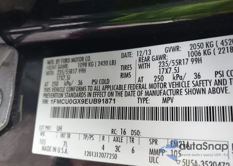 2014 Ford Escape Se z USA, uszkodzony, nr VIN 1FMCU0GX9EUB91871